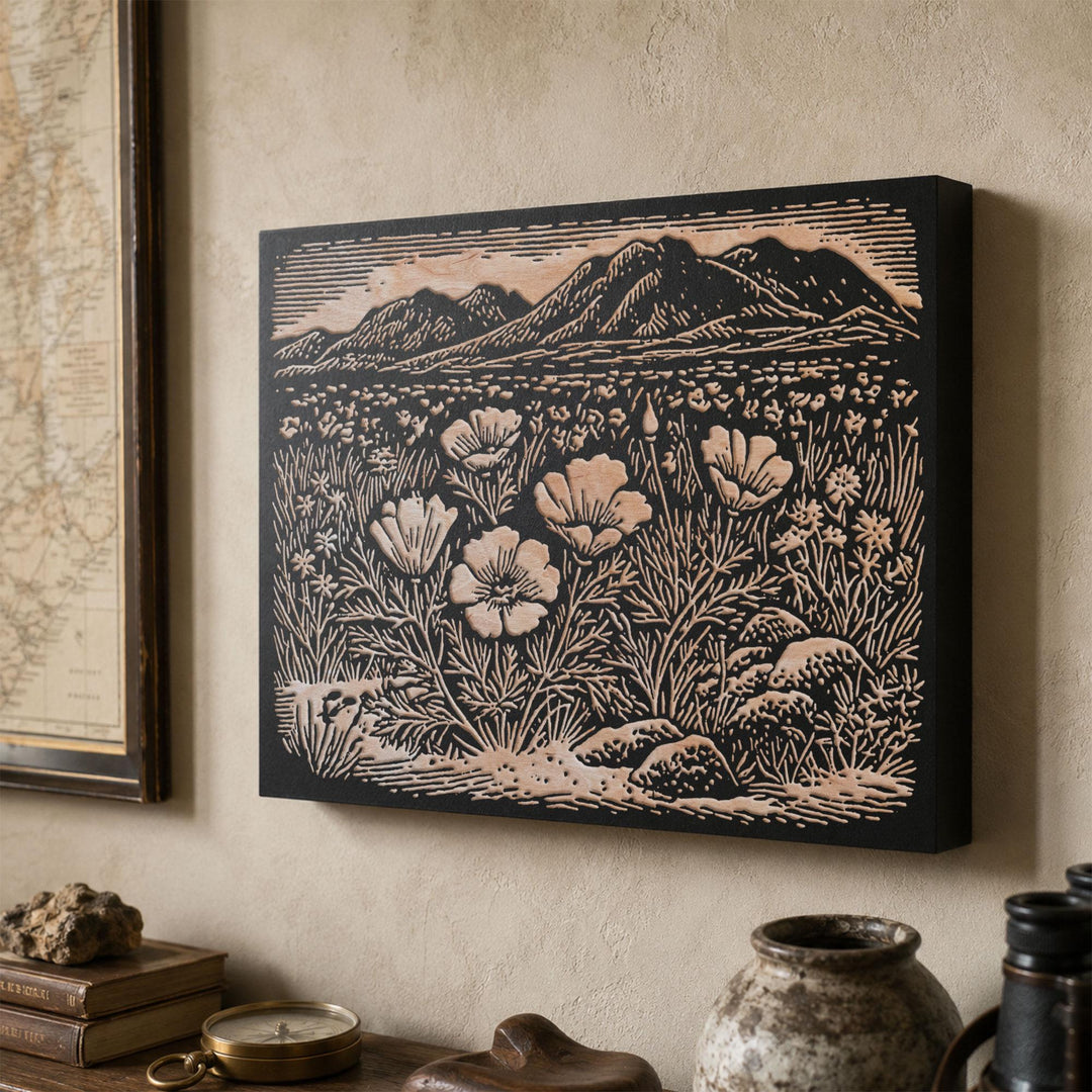 Desert Wildflowers and Poppies Engraved Wood Panel