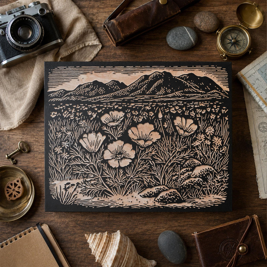 Desert Wildflowers and Poppies Engraved Wood Panel