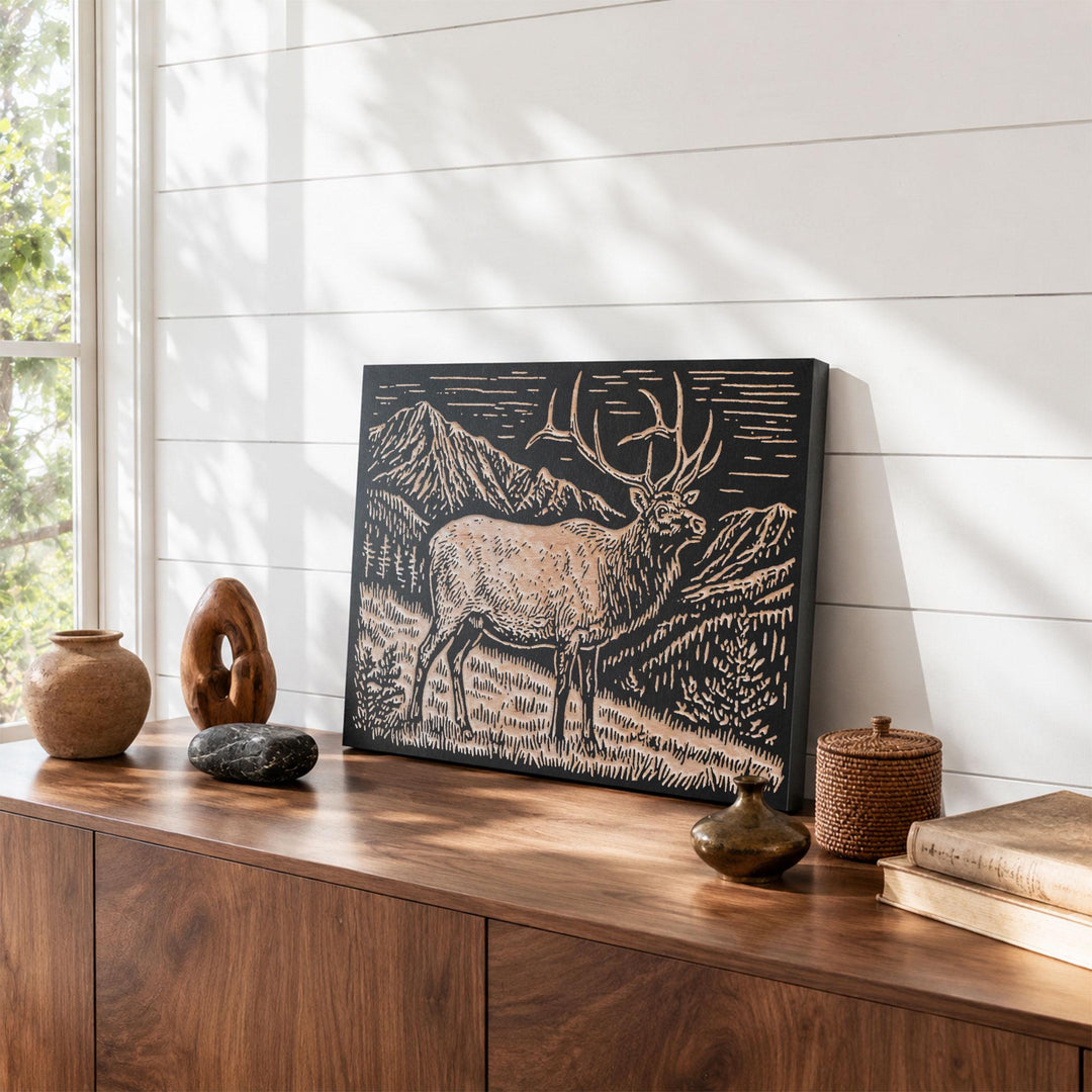 Elk in High Country Engraved Wood Panel