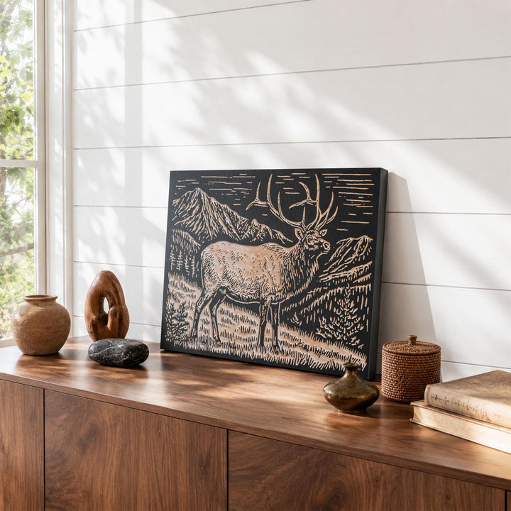 Elk in High Country Engraved Wood Panel