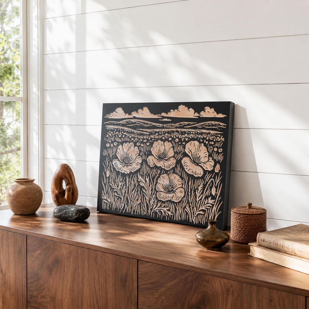 Field of Poppies Engraved Wood Panel