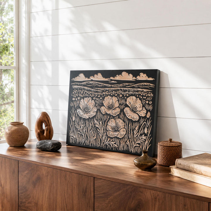 Field of Poppies Engraved Wood Panel