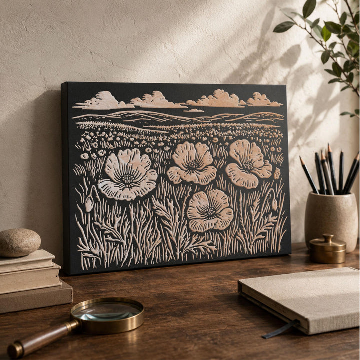 Field of Poppies Engraved Wood Panel