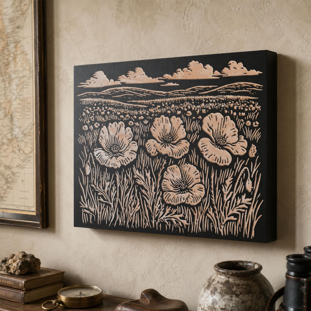 Field of Poppies Engraved Wood Panel