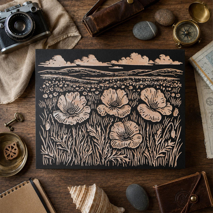 Field of Poppies Engraved Wood Panel