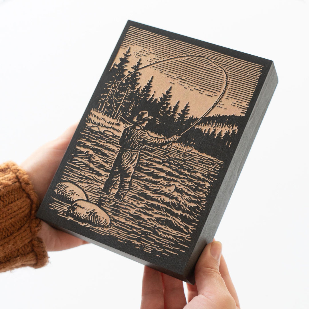 Fly Fisherman in River Engraved Wood Panel