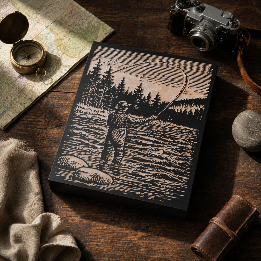 Fly Fisherman in River Engraved Wood Panel