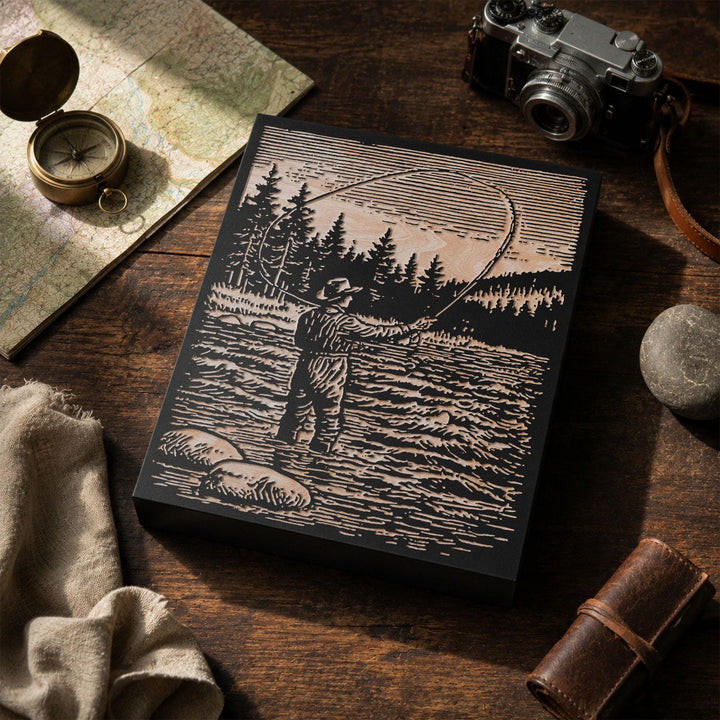 Fly Fisherman in River Engraved Wood Panel