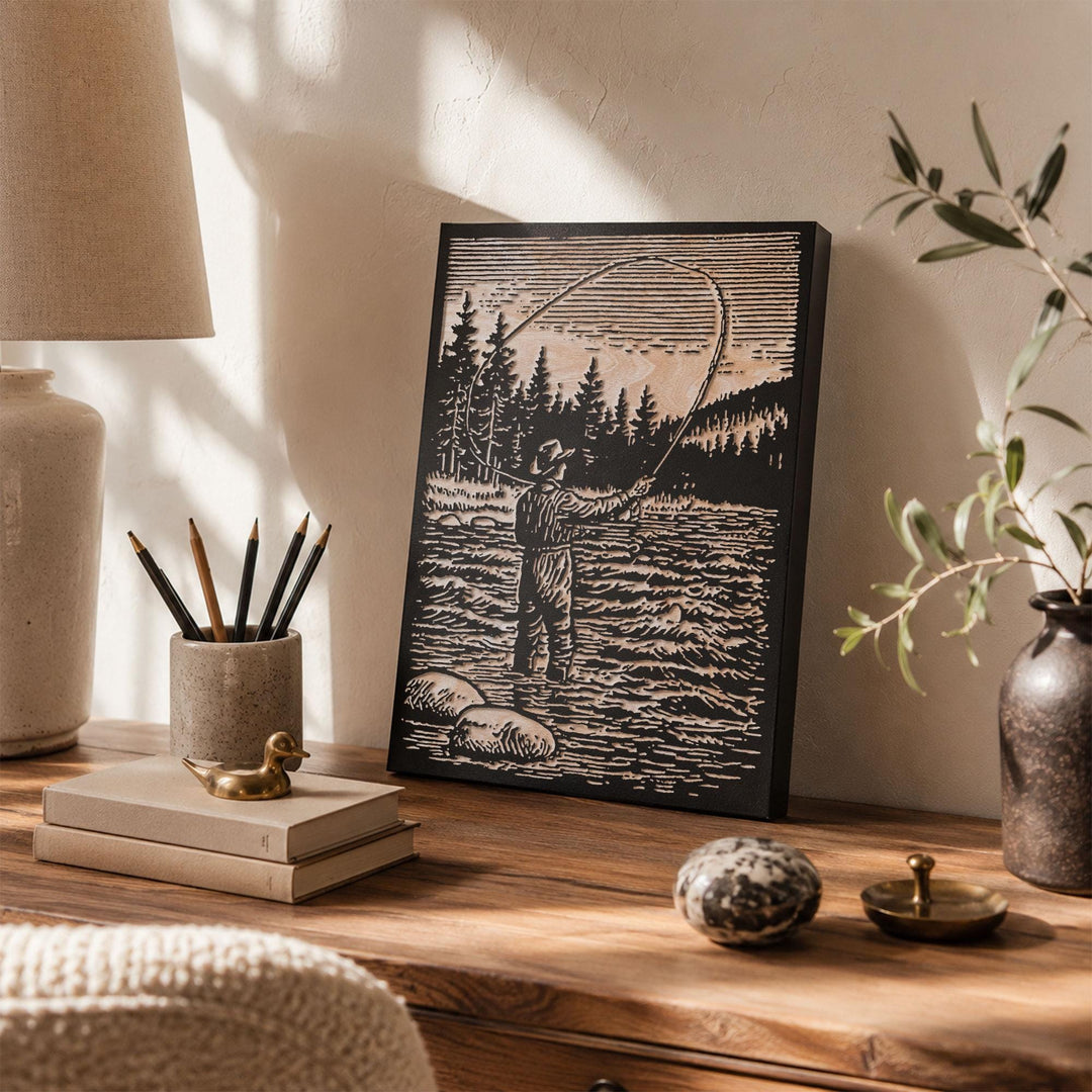 Fly Fisherman in River Engraved Wood Panel