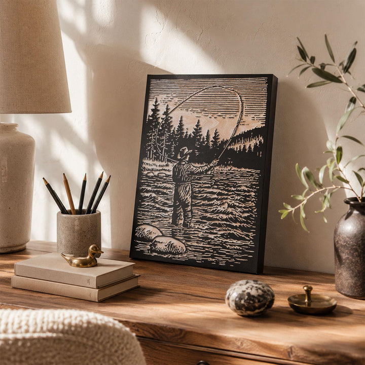 Fly Fisherman in River Engraved Wood Panel