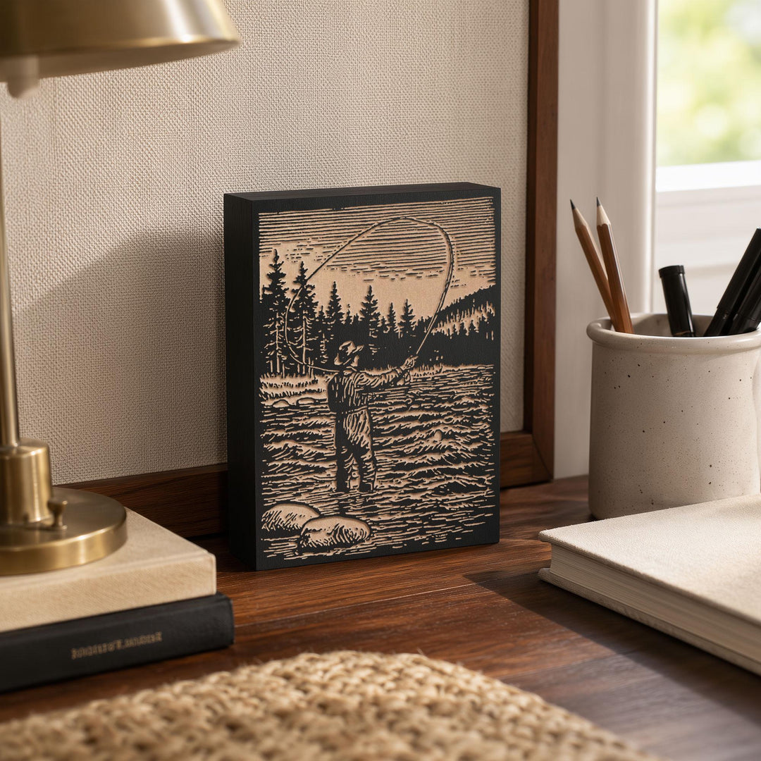 Fly Fisherman in River Engraved Wood Panel
