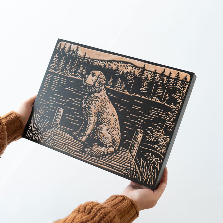 Golden Retriever on Dock Engraved Wood Panel