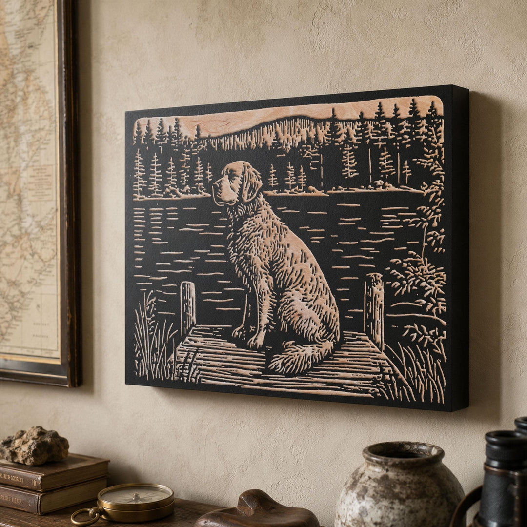 Golden Retriever on Dock Engraved Wood Panel