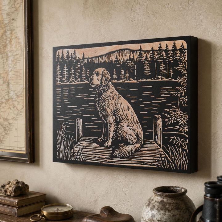 Golden Retriever on Dock Engraved Wood Panel