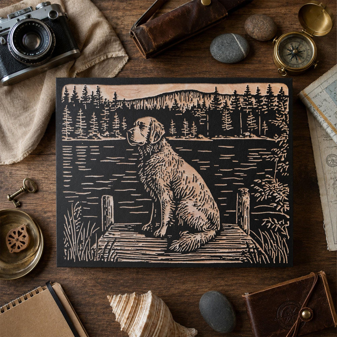Golden Retriever on Dock Engraved Wood Panel