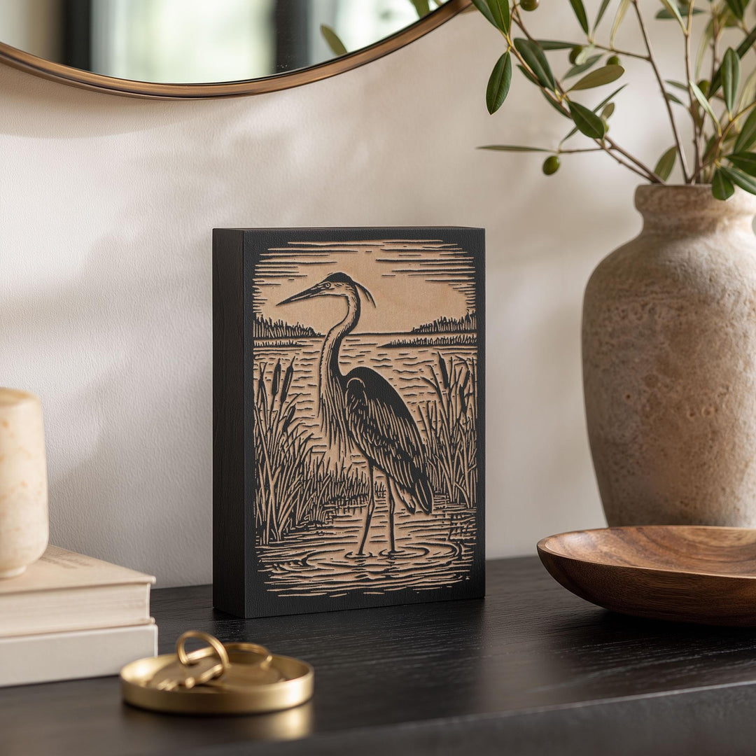 Great Blue Heron Engraved Wood Panel