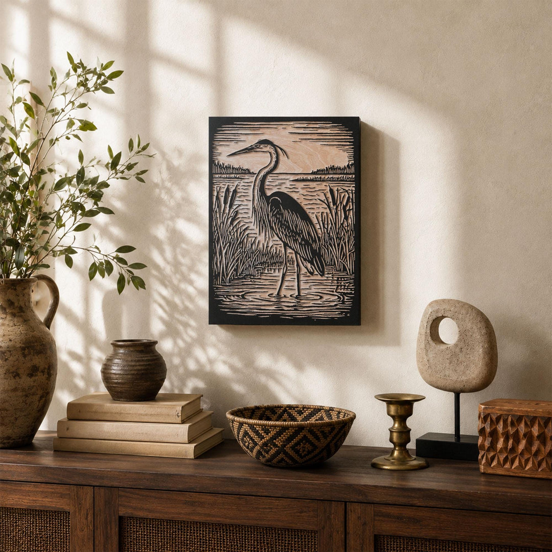 Great Blue Heron Engraved Wood Panel