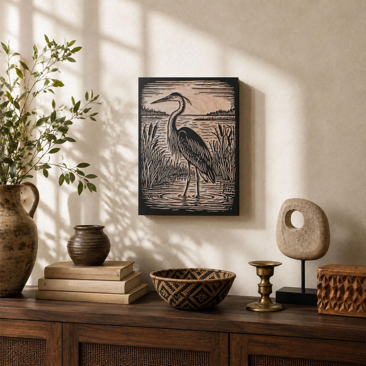 Great Blue Heron Engraved Wood Panel