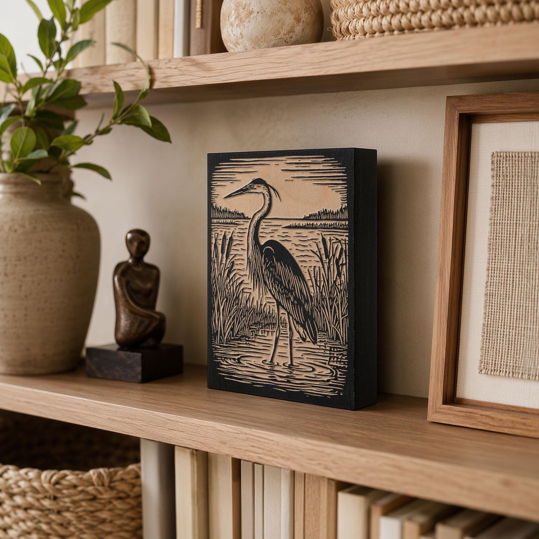 Great Blue Heron Engraved Wood Panel