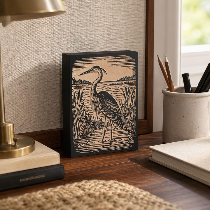 Great Blue Heron Engraved Wood Panel