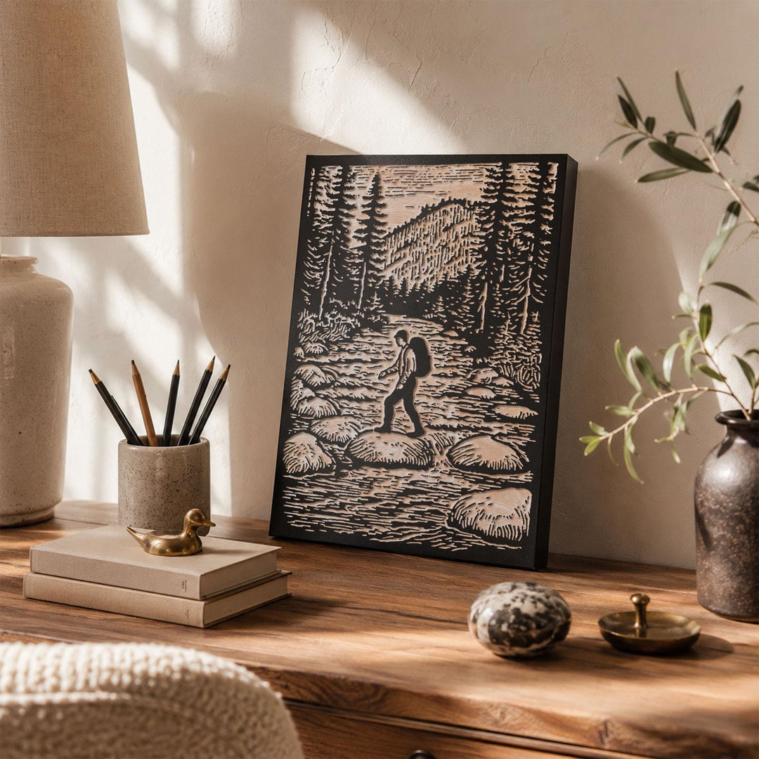 Hiker Crossing River Engraved Wood Panel