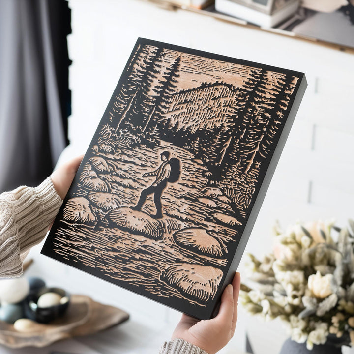 Hiker Crossing River Engraved Wood Panel
