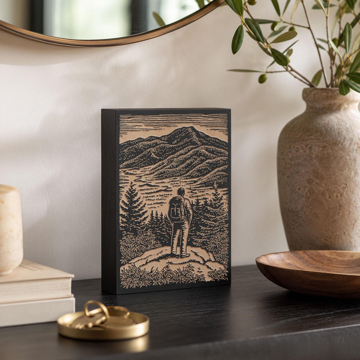 Mountain Overlook Hiker Engraved Wood Panel