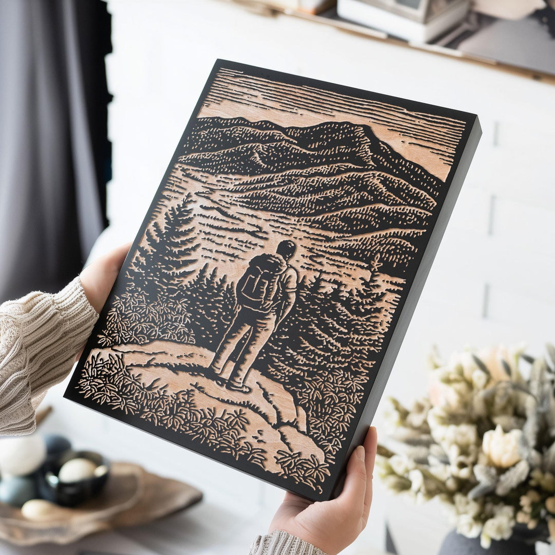 Mountain Overlook Hiker Engraved Wood Panel