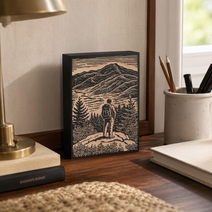 Mountain Overlook Hiker Engraved Wood Panel