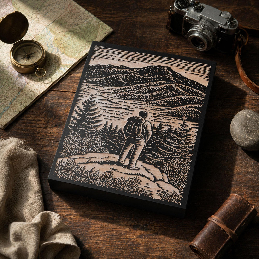 Mountain Overlook Hiker Engraved Wood Panel