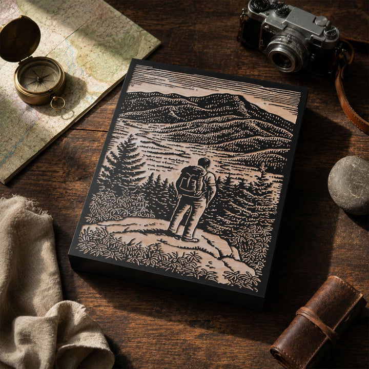Mountain Overlook Hiker Engraved Wood Panel