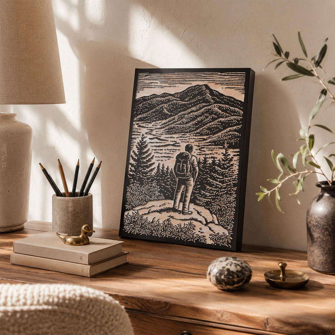 Mountain Overlook Hiker Engraved Wood Panel