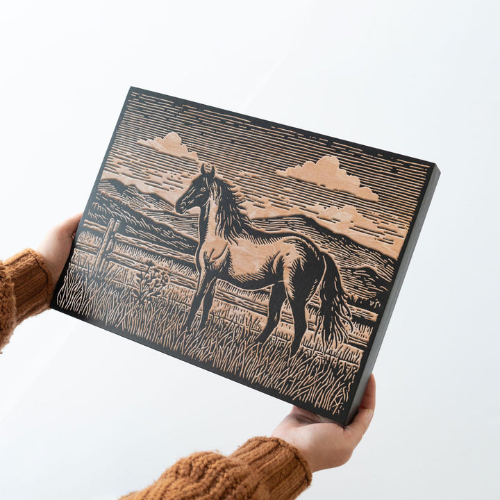Horse at Fence Engraved Wood Panel
