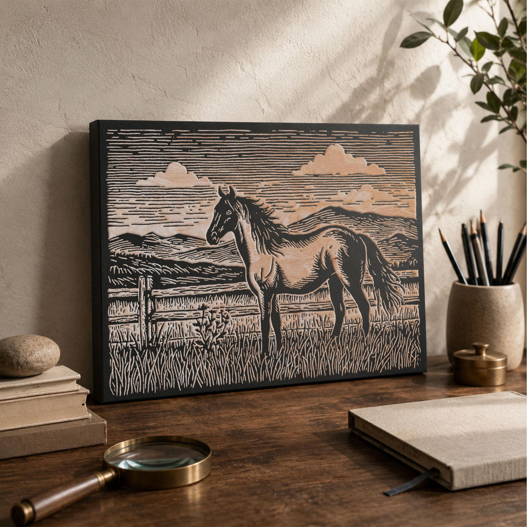 Horse at Fence Engraved Wood Panel