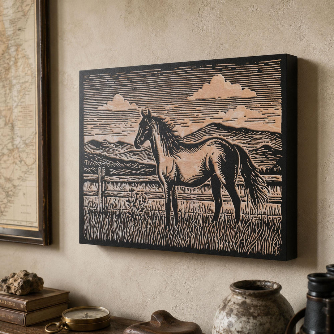 Horse at Fence Engraved Wood Panel