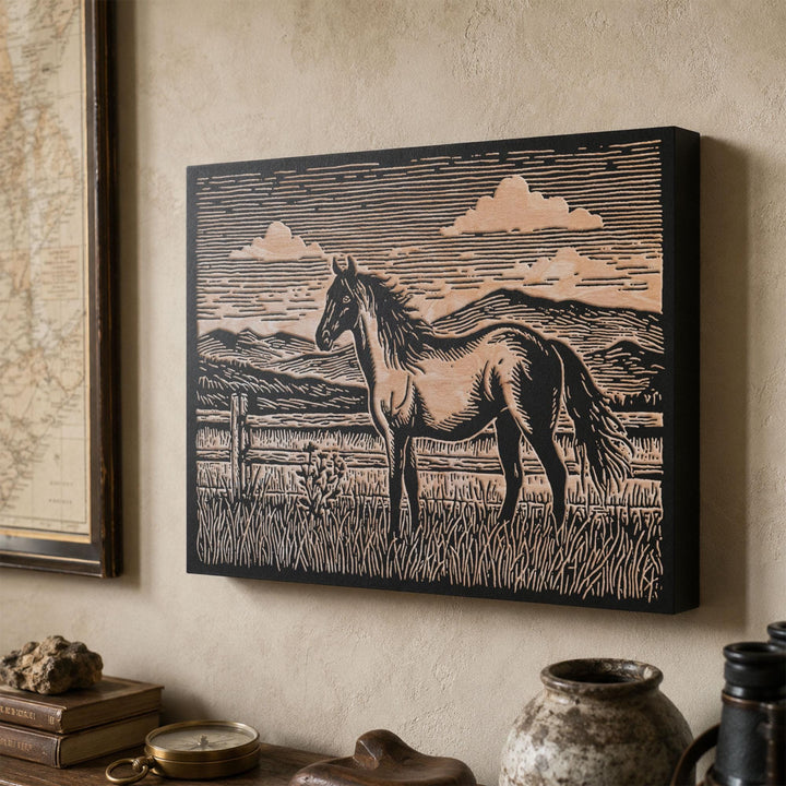 Horse at Fence Engraved Wood Panel
