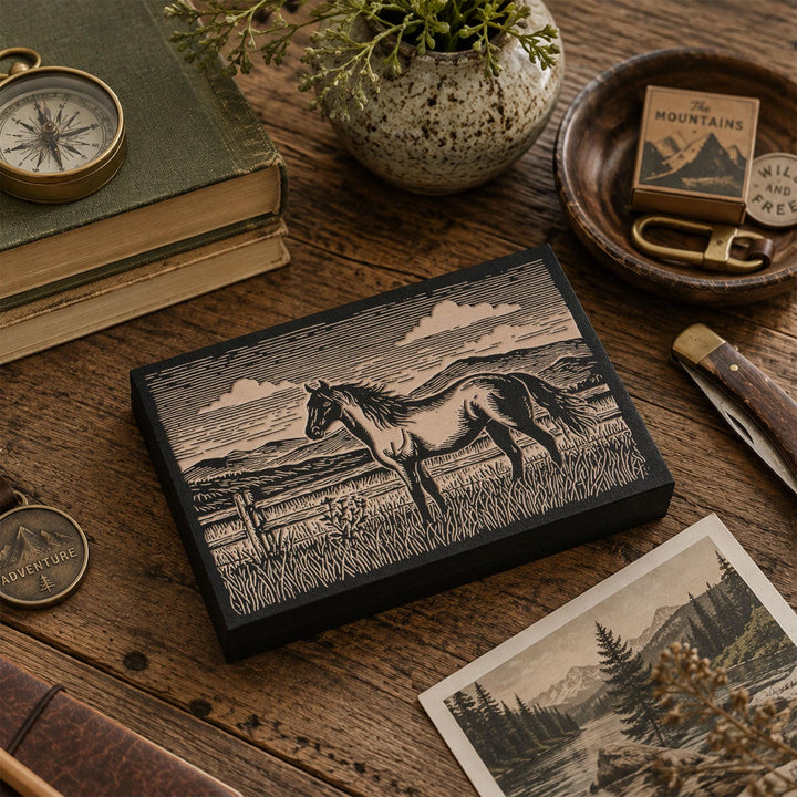 Horse at Fence Engraved Wood Panel