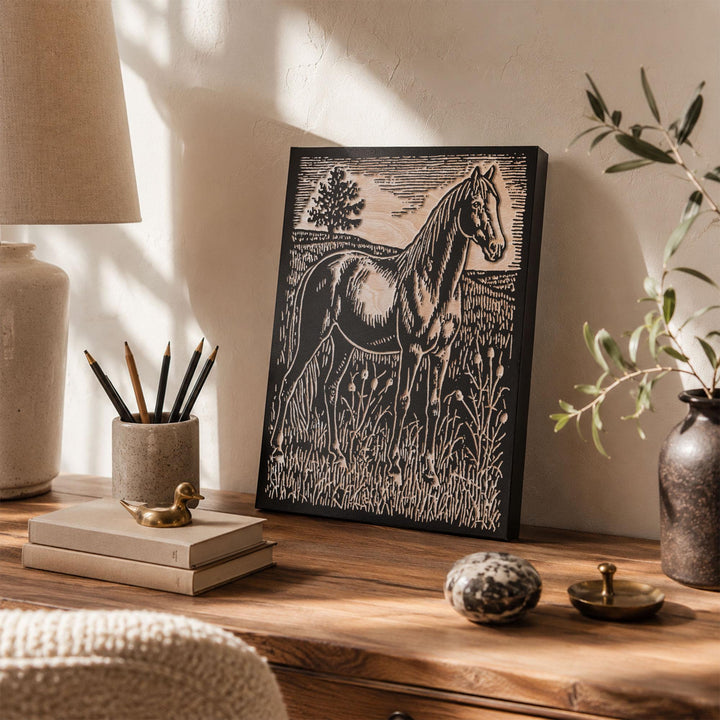Horse in Tall Grass Engraved Wood Panel