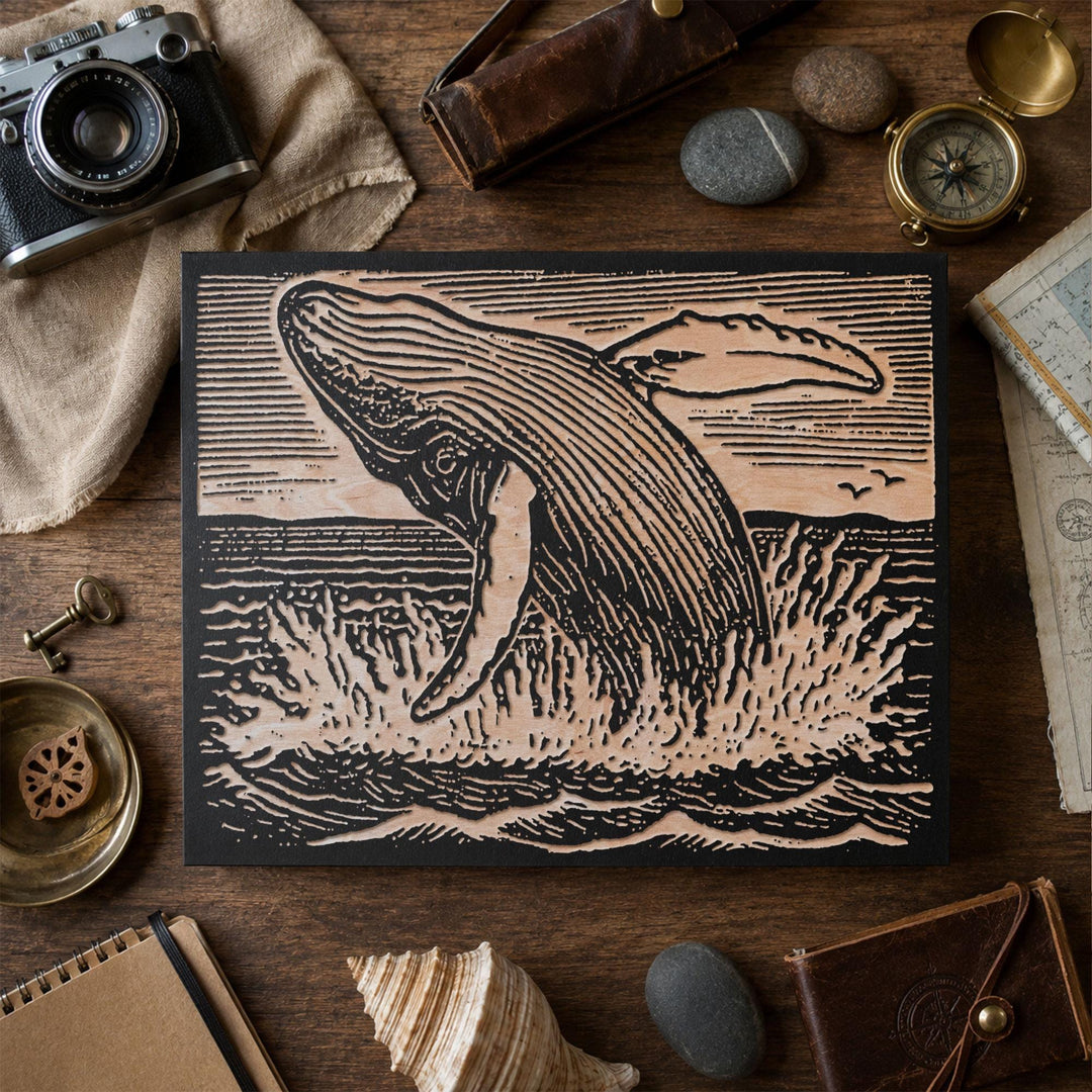 Humpback Breaching Engraved Wood Panel
