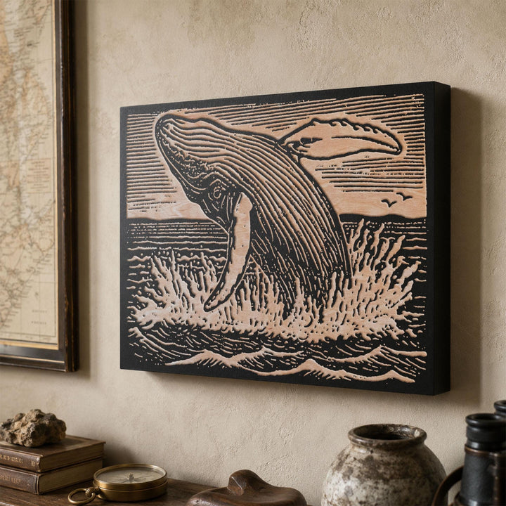 Humpback Breaching Engraved Wood Panel