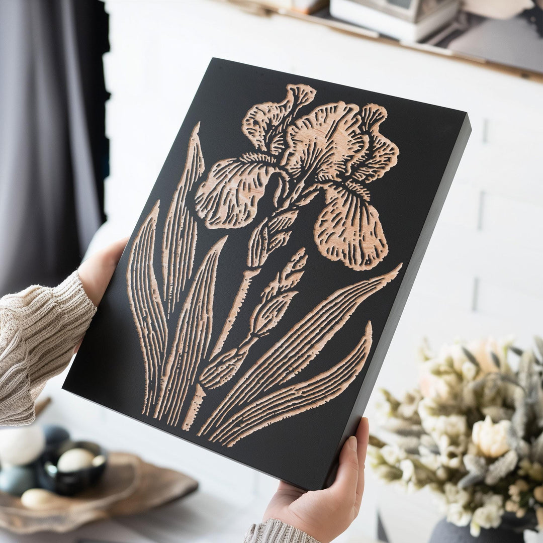 Iris Flower Engraved Wood Panel