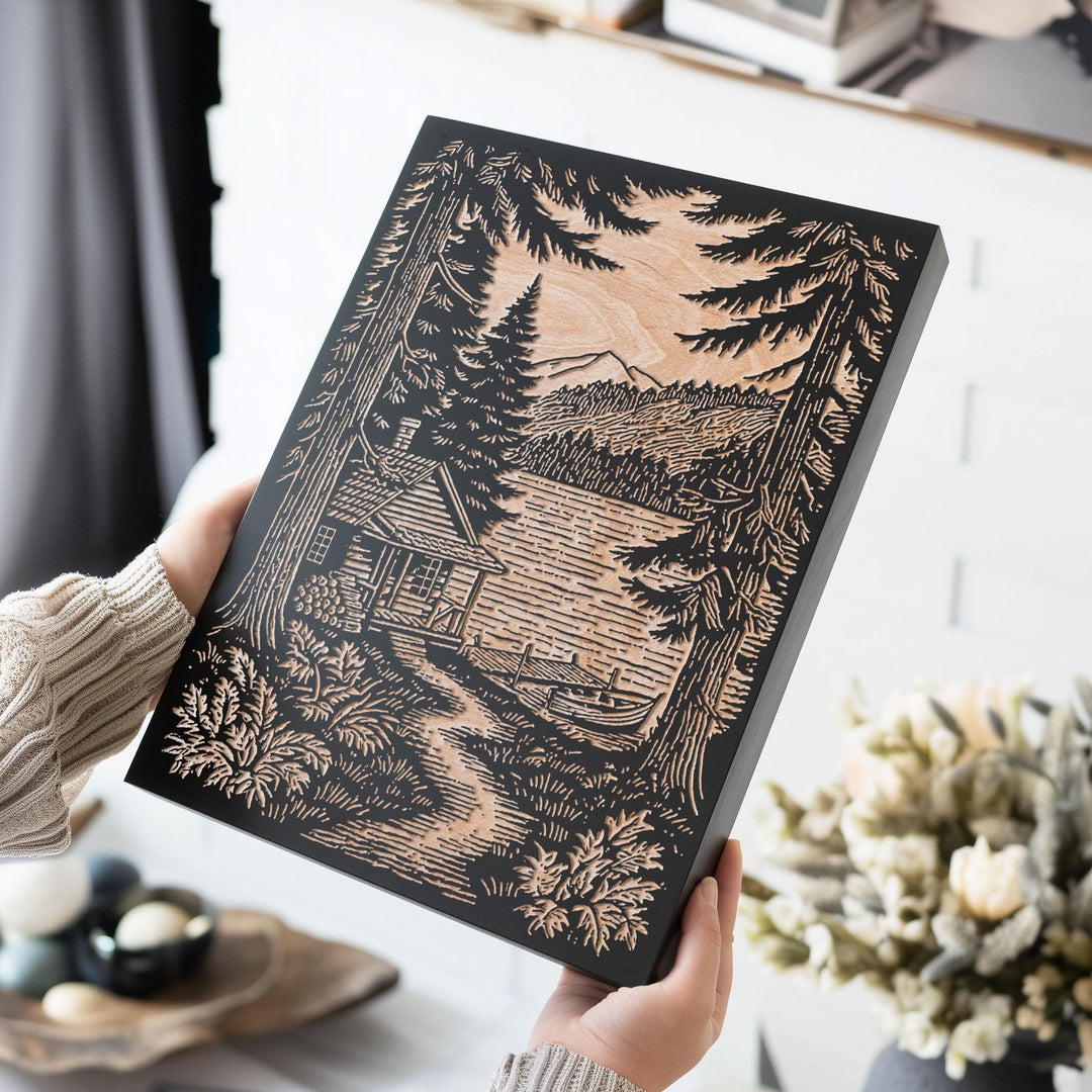 Lake Cabin Engraved Wood Panel