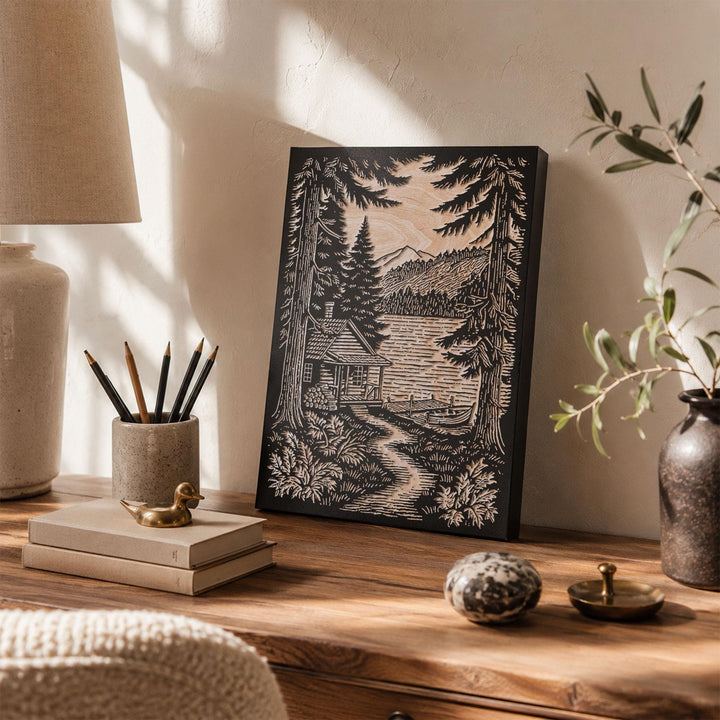 Lake Cabin Engraved Wood Panel