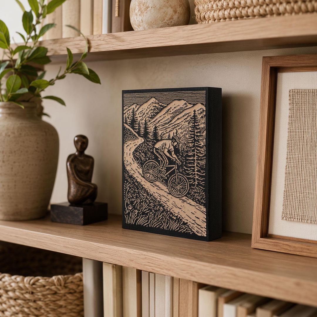 Mountain Biker Engraved Wood Panel