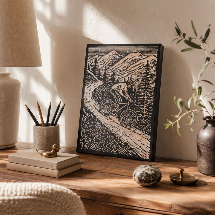 Mountain Biker Engraved Wood Panel