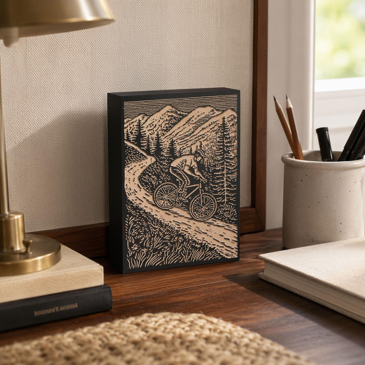 Mountain Biker Engraved Wood Panel