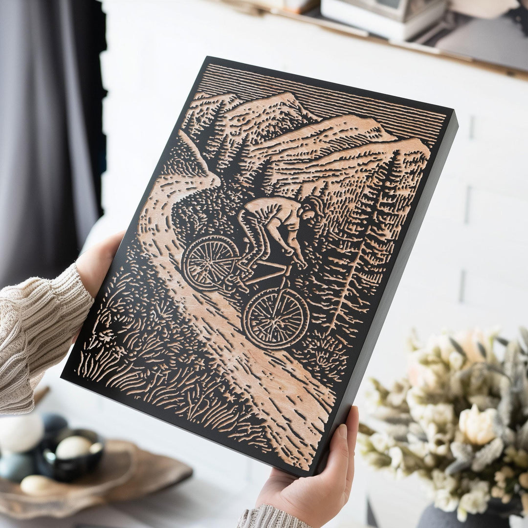 Mountain Biker Engraved Wood Panel