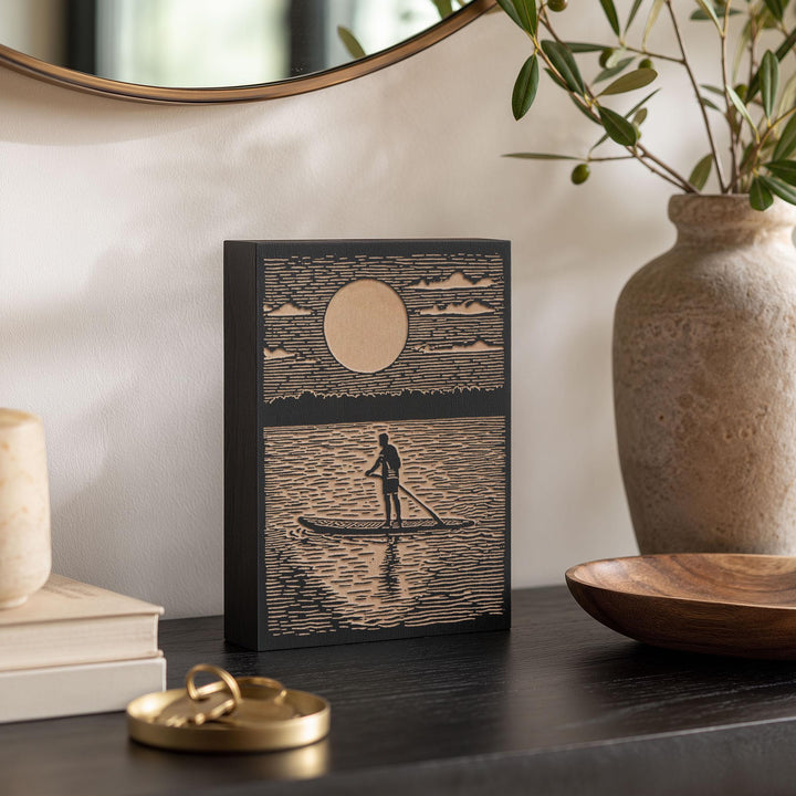 Paddleboard at Sunrise Engraved Wood Panel