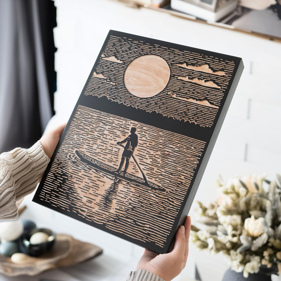 Paddleboard at Sunrise Engraved Wood Panel