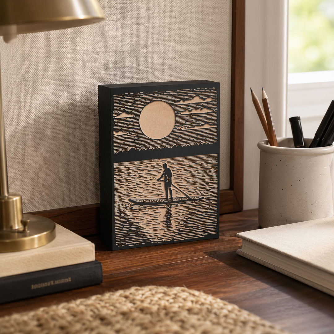 Paddleboard at Sunrise Engraved Wood Panel